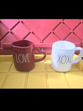 Rae Dunn 2pc Double-Sided LOVE Red And White Ceramic Mugs with Heart Handle